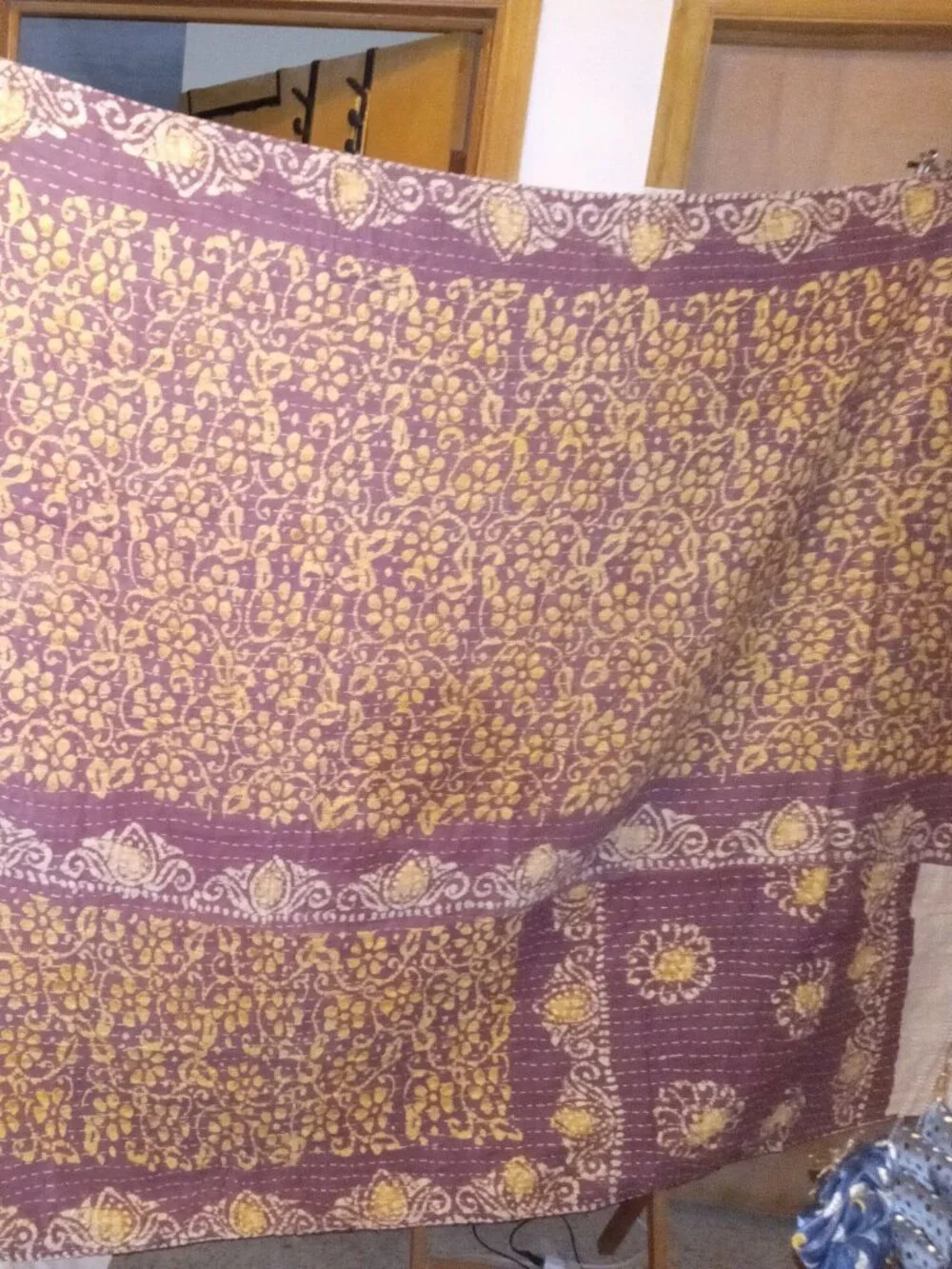 Kantha Quilt Light Green Tan Ferns 54